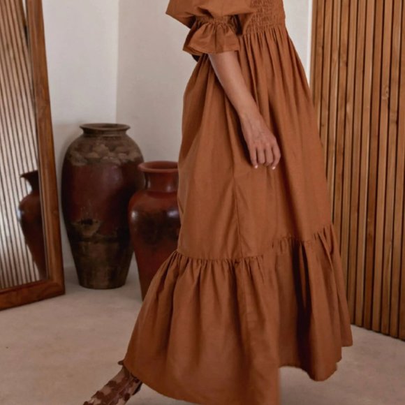 Organic Linen Dress / Smocked / Maxi Length / Puff Sleeves / Plus sizes - Picture 5 of 6